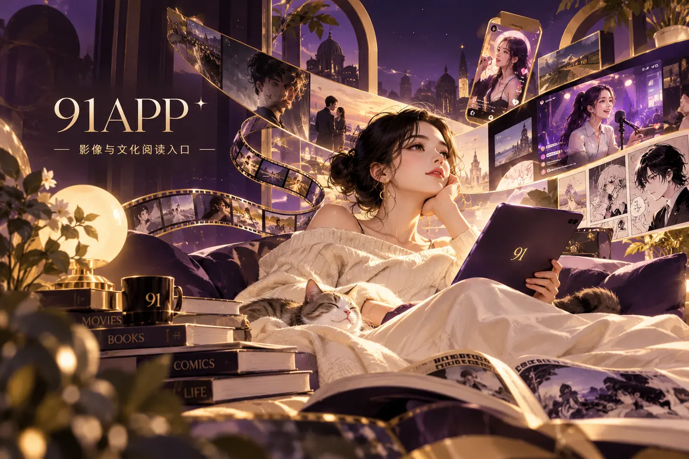 葡萄紫与暖金色构成的文化阅读封面